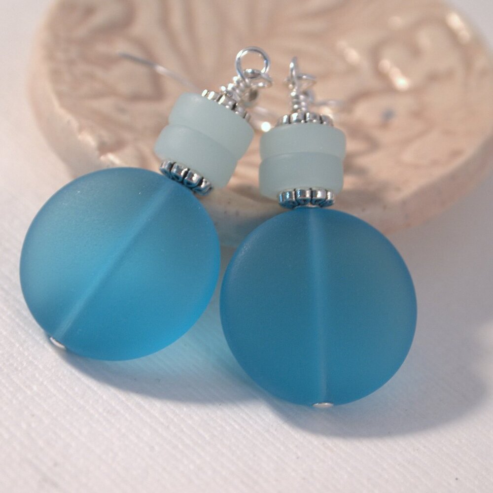 Blue and Green Sea Glass Beaded Dangle Pierced or Clip-on Earrings